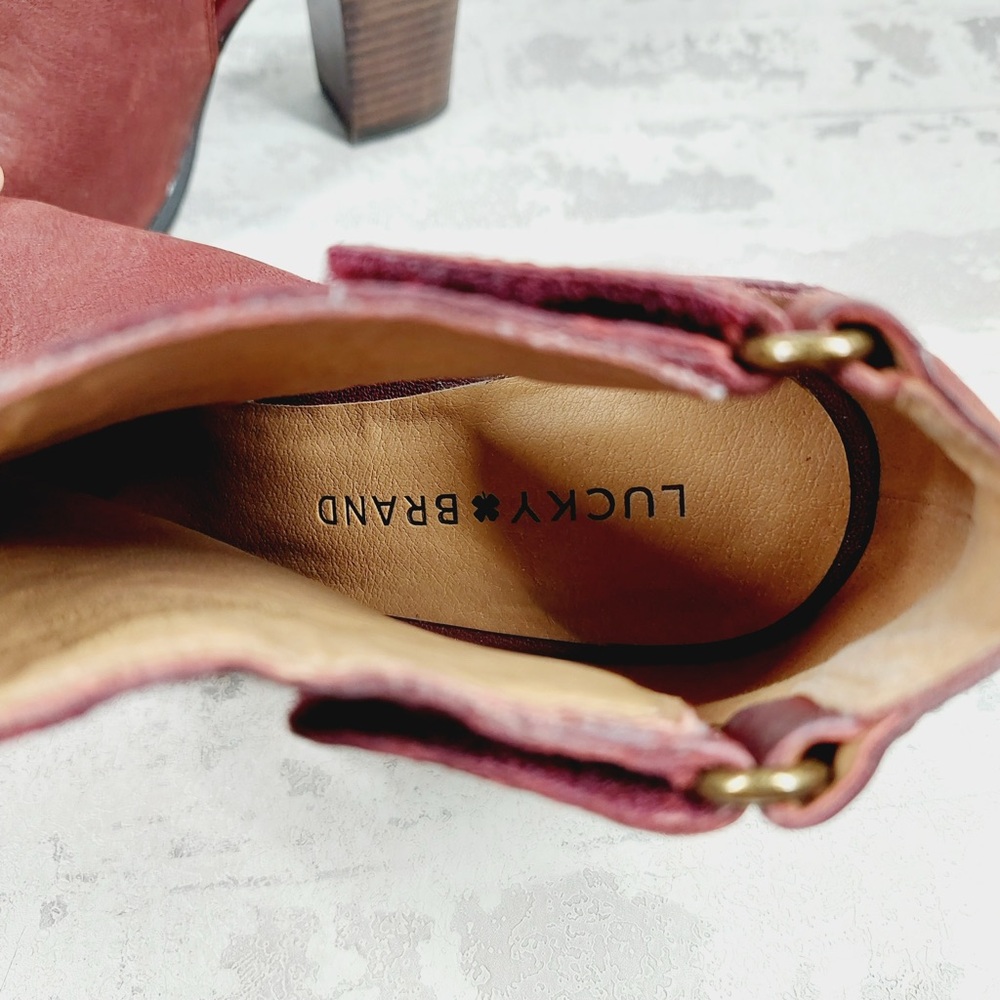 NEW Lucky Brand Laciann Burgundy Peep Toe Block Heel Leather Ankle Boots K976 - Picture 11 of 14